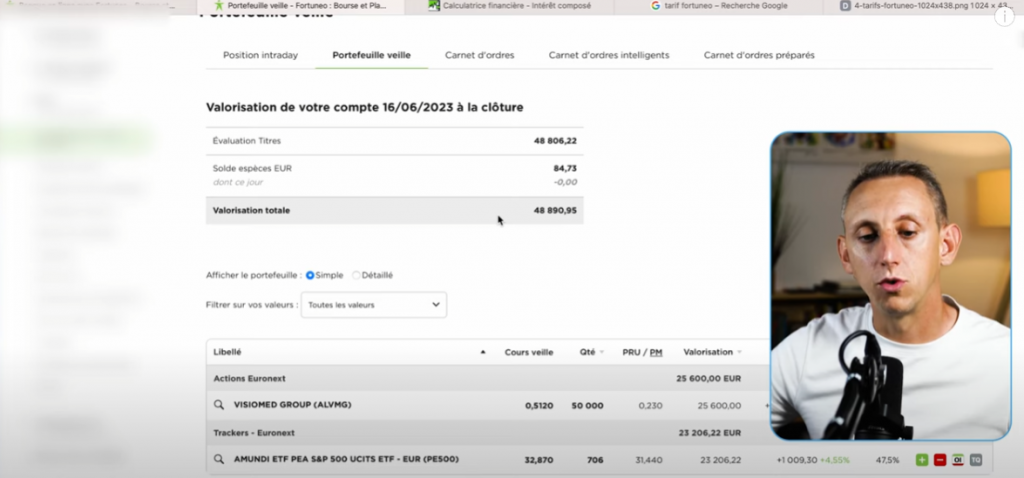 interface Fortuneo synthèse du portefeuille